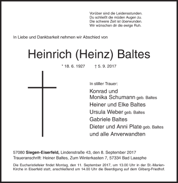 Traueranzeige von Heinrich  Baltes von Siegener Zeitung