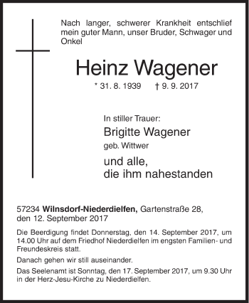 Traueranzeige von Heinz Wagener von Siegener Zeitung