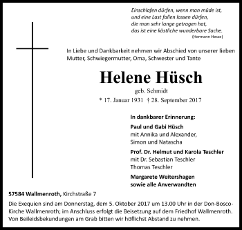 Traueranzeige von Helene Hüsch von Siegener Zeitung