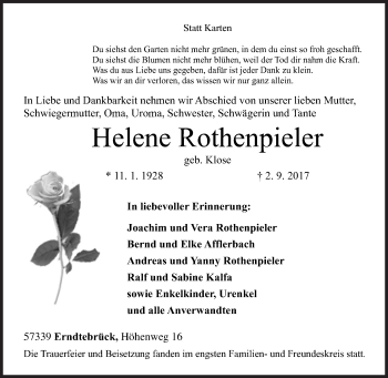 Traueranzeige von Helene Rothenpieler von Siegener Zeitung