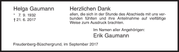Traueranzeige von Helga Gaumann von Siegener Zeitung