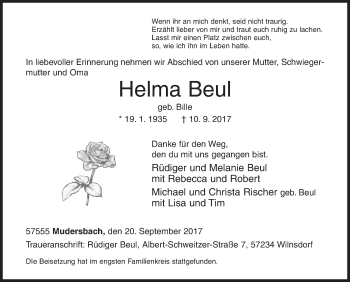 Traueranzeige von Helma Beul von Siegener Zeitung