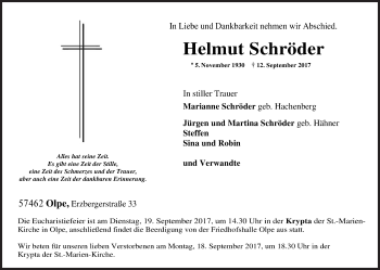 Traueranzeige von Helmut Schröder von Siegener Zeitung