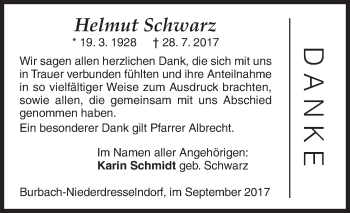 Traueranzeige von Helmut Schwarz von Siegener Zeitung