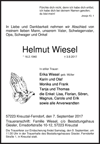 Traueranzeige von Helmut Wiesel von Siegener Zeitung