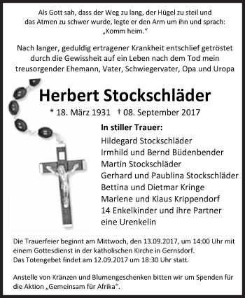 Traueranzeige von Herbert Stockschläder von Siegener Zeitung