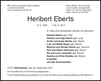 Traueranzeige von Heribert Eberts von Siegener Zeitung