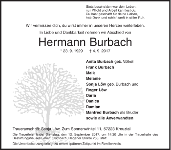 Traueranzeige von Hermann Burbach von Siegener Zeitung