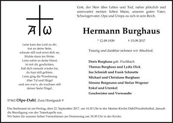 Traueranzeige von Hermann Burghaus von Siegener Zeitung