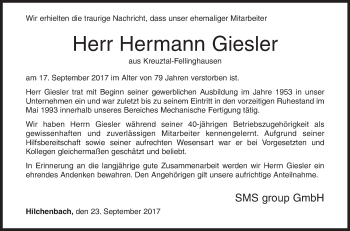 Traueranzeige von Hermann Giesler von Siegener Zeitung