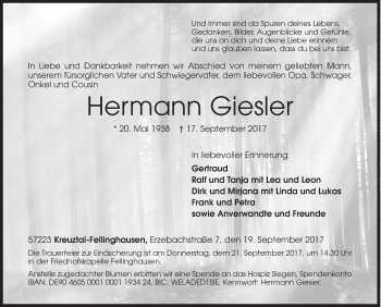 Traueranzeige von Hermann Giesler von Siegener Zeitung