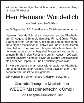 Traueranzeige von Hermann Wunderlich von Siegener Zeitung