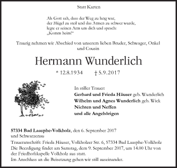 Traueranzeige von Hermann Wunderlich von Siegener Zeitung