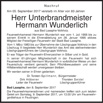 Traueranzeige von Hermann Wunderlich von Siegener Zeitung