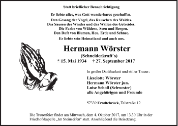 Traueranzeige von Hermann Wörster von Siegener Zeitung