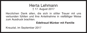 Traueranzeige von Herta Lehmann von Siegener Zeitung