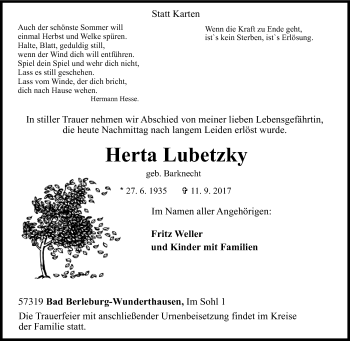 Traueranzeige von Herta Lubetzky von Siegener Zeitung