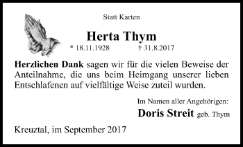Traueranzeige von Herta Thym von Siegener Zeitung