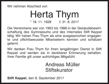 Traueranzeige von Herta Thym von Siegener Zeitung