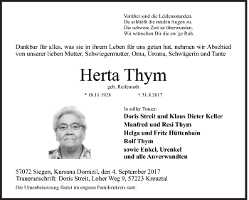 Traueranzeige von Herta Thym von Siegener Zeitung