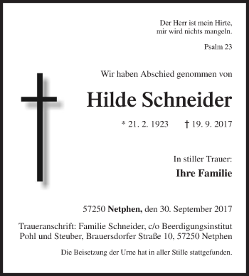 Traueranzeige von Hilde Schneider von Siegener Zeitung
