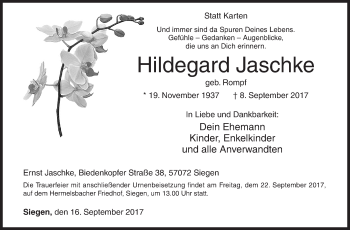 Traueranzeige von Hildegard Jaschke von Siegener Zeitung