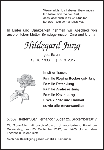 Traueranzeige von Hildegard Jung von Siegener Zeitung