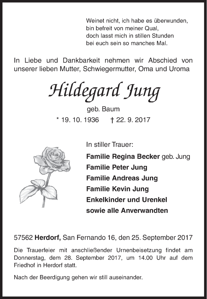 Traueranzeige für Hildegard Jung vom 25.09.2017 aus Siegener Zeitung