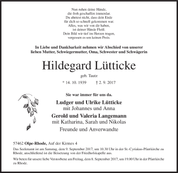 Traueranzeige von Hildegard Lütticke von Siegener Zeitung