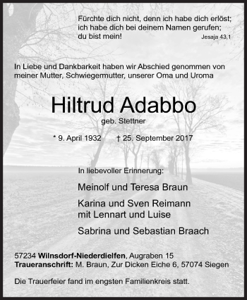 Traueranzeige von Hiltrud Adabbo von Siegener Zeitung