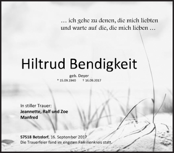 Traueranzeige von Hiltrud Bendigkeit von Siegener Zeitung