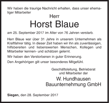 Traueranzeige von Horst Blaue von Siegener Zeitung