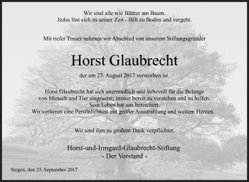 Traueranzeige von Horst Glaubrecht von Siegener Zeitung