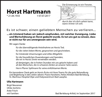 Traueranzeige von Horst Hartmann von Siegener Zeitung