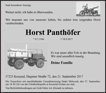 Traueranzeige von Horst Panthöfer von Siegener Zeitung