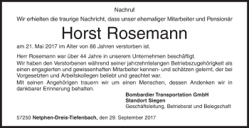 Traueranzeige von Horst Rosemann von Siegener Zeitung