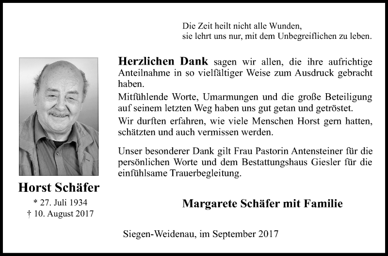  Traueranzeige für Horst Schäfer vom 23.09.2017 aus Siegener Zeitung