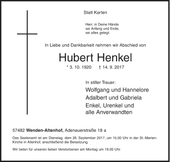 Traueranzeige von Hubert Henkel von Siegener Zeitung