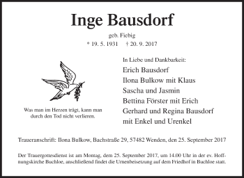 Traueranzeige von Inge Bausdorf von Siegener Zeitung