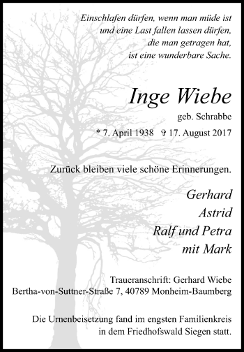 Traueranzeige von Inge Wiebe von Siegener Zeitung