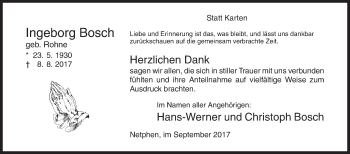 Traueranzeige von Ingeborg Bosch von Siegener Zeitung