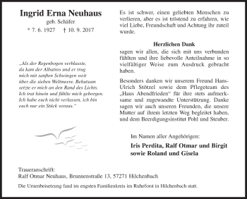 Traueranzeige von Ingrid Erna Neuhaus von Siegener Zeitung