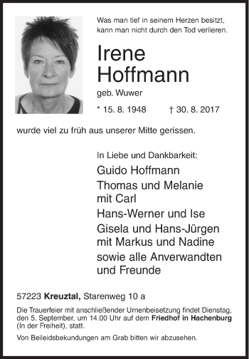 Traueranzeige von Irene Hoffmann von Siegener Zeitung