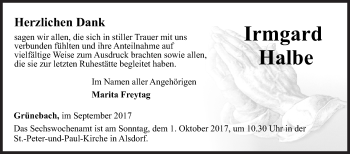 Traueranzeige von Irmgard Halbe von Siegener Zeitung