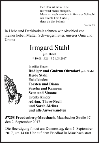 Traueranzeige von Irmgard Stahl von Siegener Zeitung