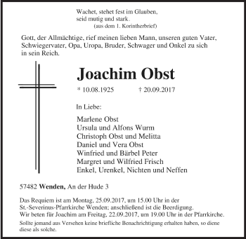 Traueranzeige von Joachim Obst von Siegener Zeitung