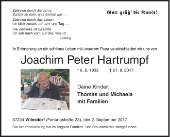 Traueranzeige von Joachim Peter Hartrumpf von Siegener Zeitung