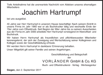 Traueranzeige von Joachim Peter Hartrumpf von Siegener Zeitung