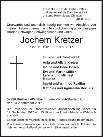 Traueranzeige von Jochem Kretzer von Siegener Zeitung