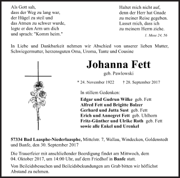 Traueranzeige von Johanna Fett von Siegener Zeitung